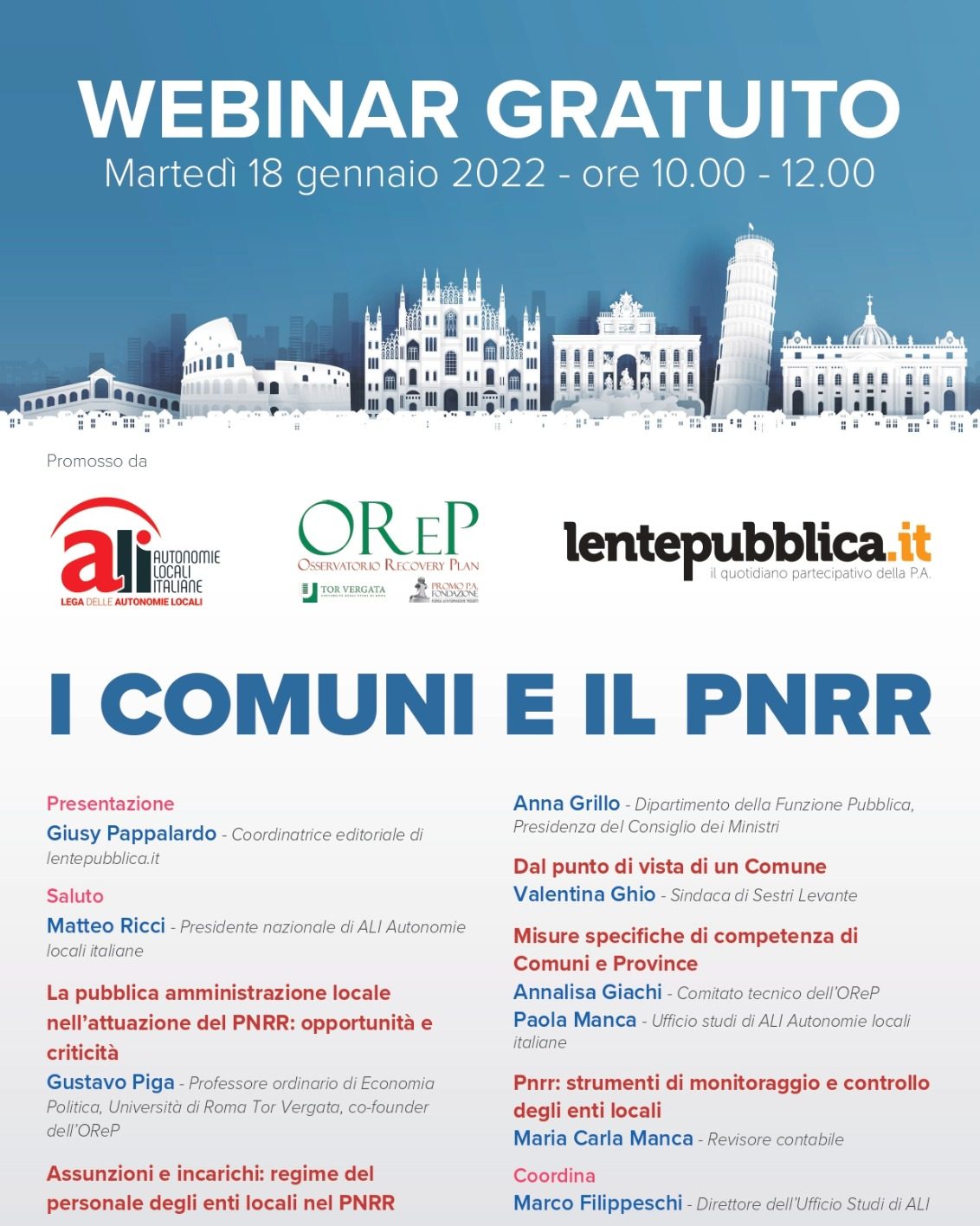 COMUNI E PNRR. Ali e lentepubblica, con l’OReP, webinar gratuito, martedì 18 gennaio