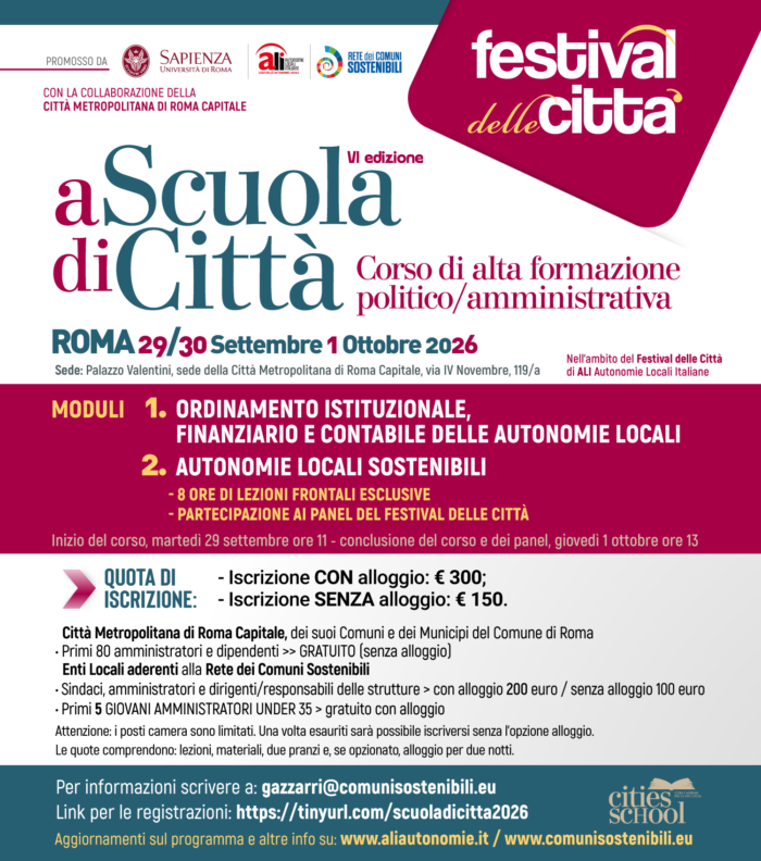“A Scuola di Città”, al via le iscrizioni per la sesta edizione del corso di formazione per amministratori e dipendenti di enti locali. Sostenibilità e funzionamento degli enti, al centro dei due moduli formativi